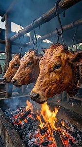 Giant Roasted Cow Heads Hanging Over Fire — Unreal Cooking Setup!