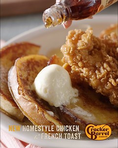 Breakfast, lunch, or brinner – Get our new sweet & crispy Homestyle Chicken n’ French Toast any time, just $11.99* Price may vary by location | Cracker Barrel Old Country Store