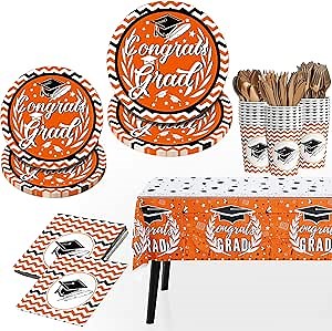 KatchOn, Orange 2025 Graduation Party Supplies - Pack of 176, Serve 25 | Grad Plates and Napkins 2025, Cups, Tablecloth, Grad Party Decorations 2025 | Graduation decorations 2025