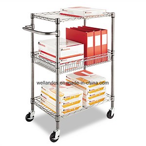[Hot Item] Office / Library File Storage Push Rolling Metal Cart Basket Rack for Book and Magazine