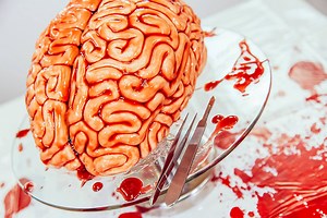 A Deep Red Velvet 'Walking Dead' Brain Cake With Fondant Brain Tissue and Raspberry Jam Blood