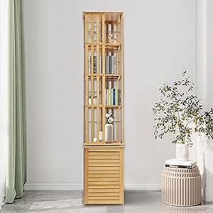 360 Degree Rotating Bookshelf, Freestanding 6 Tier Bamboo Bookcase for Displaying Books, Family Photos, Toys, CDs, Handicrafts, 14.5 * 14.5 * 87.4in, Primary Color