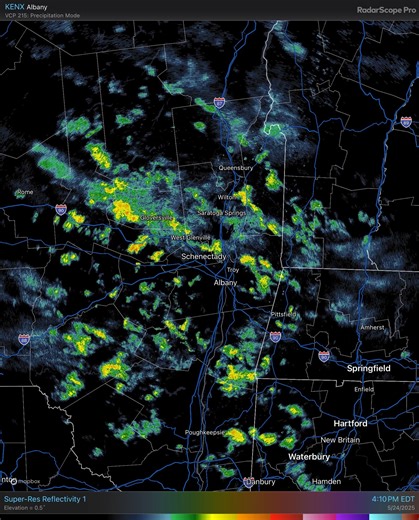 Current radar imagery shows scattered showers across the region. These showers should become less widespread after sunset. However, additional isolated to scattered showers are expected again tomorrow afternoon into early evening. | US National Weather Service Albany NY