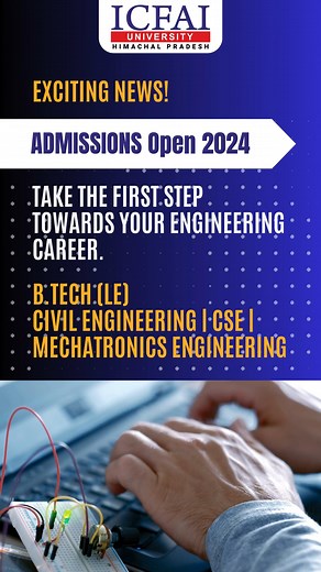 🚀 EXCITING NEWS! 🚀 ADMISSIONS OPEN 2024 STEP TOWARDS YOUR ENGINEERING CAREER 🌟 🎓 B.Tech (LE) Admissions Now Open! 🎓 Join Us in 🏗️ Civil Engineering | 💻 Computer Science Engineering | 🤖 Mechatronics Engineering Eligibility Criteria for B.Tech (LE) Admission: ✅ Pass a 3-year Diploma in Engineering in the relevant discipline with 50% aggregate marks. 🕒 Duration: 3 years (six semesters). 🎓 UP TO 100% SCHOLARSHIPS FOR B.TECH STUDENTS! 🎓 📍 The ICFAI University, Himachal Pradesh Don't miss 