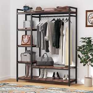 Tribesigns Heavy-Duty Free Standing Closet Rack - Rustic Wood & Metal Garment Rack with Shelves, 350lb Capacity Wardrobe Organizer for Bedroom