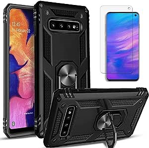 STARSHOP Compatible with Samsung Galaxy S10 Plus Case Phone Cover, with [Tempered Glass Screen Protector Included], Military Grade Shockproof Dual Layers Protective with Kickstand - Black