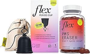 Flex Cup - Reusable Menstrual Cup - Size 01 + PMS Eraser - Natural Gummies to Help with PMS Symptoms (Bundle)