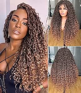 Annivia Goddess Faux Locs Wigs for Black Women 30inch Full Lace Goddess Bohemia Locs Braided Wigs with Baby Hair Hippie Locs Twist Synthetic Goddess Wig with Curly Ends（Ombre Blonde）