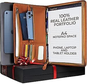 Leather Portfolio for Men and Women Zipper Premium Genuine,Professional Zippered Padfolio, iPad Portfolio Case, Leather Folio Folder Organizer Planner with Tablet Sleeve, Business Card Holders