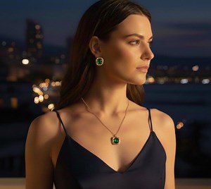 Emerald Green Crystal Jewelry Set, Vintage Gold Pendant Necklace and Earrings
