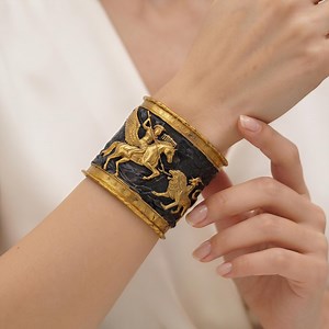 Wide Mythology Cuff Bracelet, Gold Brass Pegasus Jewelry, Greek Key Statement Bangle, Ancient Handcrafted Jewelry - Etsy