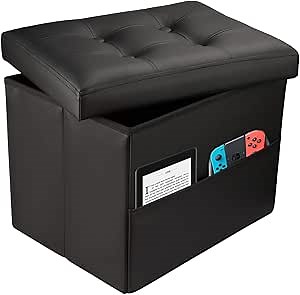 Collapsible Ottoman with Storage - Foot Rest Ottoman with Side Pocket - Black L17W13H13inches