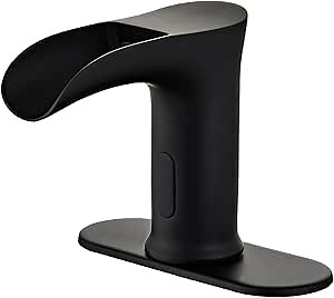 Touchless Bathroom Automatic Sink Faucets Waterfall Sensor Motion Hands Free Basin Commercial Auto Off Stop Faucet with Temperature Control Brass Mixer Deck Plate for Bath Vantiy(Matte Black)