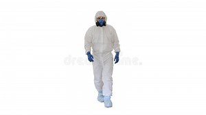 Man Wearing Hazmat Suit Walking on White Background. Stock Photo - Image of biology, female: 183815402