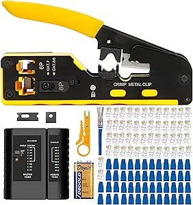 RJ45 Crimp Tool Kit,Pass Thru rj45 Crimper,Ethernet Crimper For Cat5 Cat6 Cat6a Cat7,Ethernet Crimping Tool Kit With 50PCS CAT6 Connectors,RJ45 RJ11 Cable Tester(9V Battery Included)