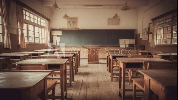 Vintage Classroom: A nostalgic view of a classic classroom, evoking memories of learning, with rows of desks, a blackboard, and natural light streaming through windows, with an atmospheric ambience.
