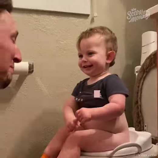 This hilarious little guy went potty successfully, but when his dad asked him "Did you poop?" He ws ADAMANT that he did not! 🤣 [@realdanidevito] | Scary Mommy Time Out