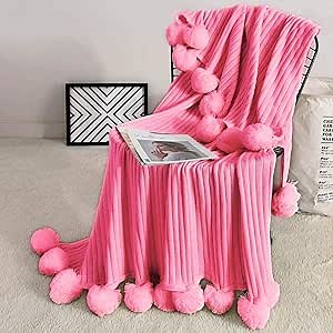 Pom Pom Throw Blanket, Knit Throw Blanket with Pompom Tassels, Decorative Cotton Blanket for Couch Sofa Bed, All Season Warm Soft Cozy Pom Poms Knitted Blanket (Dark Pink, 59"x79")