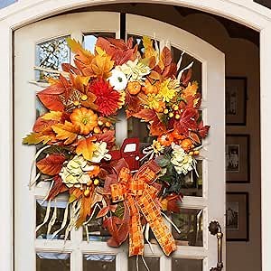 Fall Wreath for Front Door - 25'' Artificial Fall Decor - Mini Pumpkins Maples Leaf Pine Nut Berries Sunflower Wreaths & 11'' Hanger - Autumn Thanksgiving Harvest Farmhouse Outdoor Window Wall