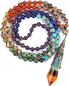 7 Chakra Crystal 108 Mala Prayer Beads Necklace Women Reiki Healing Pointed Gemstones Dowsing Pendulum Pendant Necklace Jewelry For Men Meditation Yoga Protection Gift