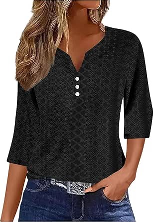 Amazon.com: Blusas de verano para mujer, de moda, manga 3/4, cuello en V, con ojales, elegantes, informales, vacaciones, túnica, #F01-azul, Pequeña : Ropa, Zapatos y Joyería