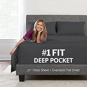 DeaLuxe Full Size Sheet Sets – Deep Pocket Full Size Sheets Set – 4 Piece Set with 21” Extra Deep Pocket Fitted Sheet, Oversized Flat Sheet, 2 Zipper Closure Pillowcases – Dark Grey
