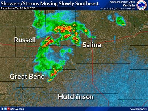 [5:48am Radar Loop]: A few small clusters of showers/thunderstorms continue to move slowly southeast across central Kansas. Pockets of heavy rainfall and localized flooding are the primary concerns. | US National Weather Service Wichita Kansas