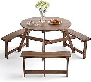 GYMAX Picnic Table, 6 People 1720lbs Wooden Picnic Table Bench Set with Umbrella Hole, Heavy Duty Outdoor Camping Dining Table with Seat for Patio Lawn Backyard Garden Deck Poolside