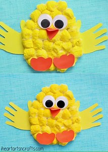 HANDPRINT CHICK...made with cotton balls! Cute craft for the kids! http://www.iheartartsncrafts.com/cotton-ball-handprint-chick-craft-kids/ | I Heart Arts n Crafts