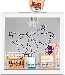 Adventure Archive Box,12In Ticket Shadow Box with Slot,Travel Box for Memories,Travel Shadow Box Adventure Archive,Ticket Holder with World Map and Plane Design,Hang Memorabilia,Tickets,Photos(White)