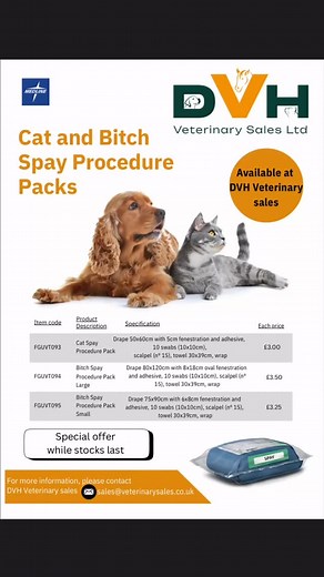 🐾 Special Offer Alert! 🐾 We’re making it easier to stock up on essentials — bitch and cat spay packs are on special while stocks last! ✂️✨ Don’t miss out — once they’re gone, they’re gone! 📦 Contact the DVH Sales team today to place your order. #DVHVeterinarySales #VetSupplies #SpecialOffer #SpayPacks #VeterinaryLife #VetDiscounts | DVH Veterinary Sales Ltd