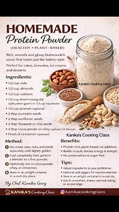 HOMEMADE PROTEIN POWDER (PLANT-BASED) A healthy, preservative-free protein powder you can easily make at home. Perfect for daily use in smoothies, milk, oats, and baking. Ingredients: • 1/2 cup oats • 1/2 cup almonds • 1/2 cup cashews • 1/2 cup roasted moong dal (split yellow gram) OR 1/3 cup roasted soybeans • 1/4 cup peanuts (optional) • 2 tbsp pumpkin seeds • 2 tbsp sunflower seeds • 2 tbsp flaxseeds or chia seeds • 2 tbsp cocoa powder (optional, for flavour) • A pinch of cinnamon powder (opt