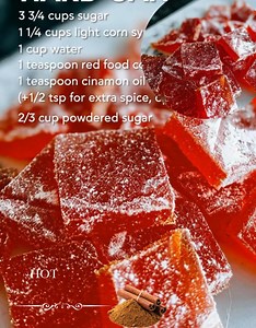 Old-Fashioned Hot & Spicy Cinnamon Candy Ingredients: 3 3/4 cups sugar 1 1/4 cups light corn syrup 1 cup water 1 teaspoon red food coloring 1 teaspoon cinnamon oil (add an extra 1/2 teaspoon for extra spice, optional) 2/3 cup powdered sugar Directions: Prepare the pan: Line a baking sheet with heavy-duty aluminum foil and spray generously with nonstick cooking spray. Set aside. Heat the sugar mixture: In a 3.5-quart saucepan fitted with a candy thermometer, combine sugar, corn syrup, and water.
