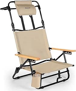 REALEAD Reclining Beach Chairs for Adults - Extendable High Back Low Profile Beach Chair with Headrest, Cooler Pouch, 4-Position Lay Flat Folding Beach Chairs Heavy Duty Support 330LBS​