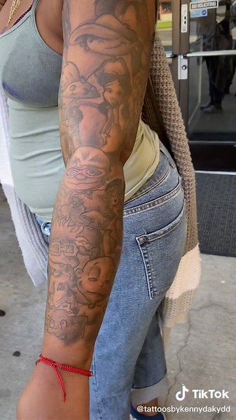 90s cartoon tattoo sleeve! #rugrats #simpsons #sleeve #blackdontcrack #tattoos #tattooartist #millennial #losangeles #cartoonnetwork #cartoons #toons #goofy #heyarnold #doug #lionking #love