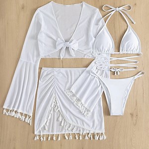 YUTK Womens Bathing Suits - Four-Piece Suit Women Bandage Solid Sexy Bikini Push-Up Padded Swimwear Swimsuit Beachwear Set - White Xl
