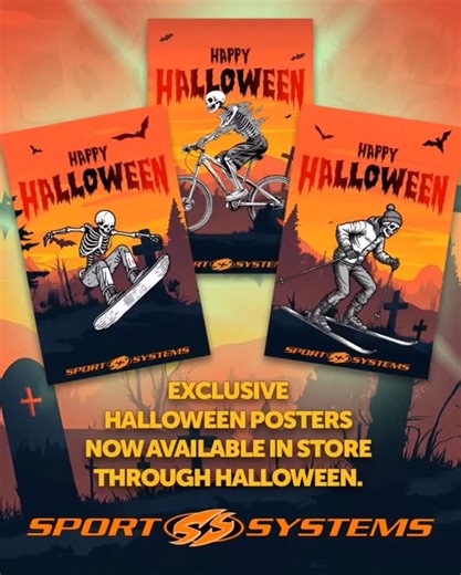 Things are getting spooky at Sport Systems! We’ve decorated the store with three exclusive Halloween posters depicting some creepy, skeletal athletes skiing, snowboarding, and cycling. Get your hands on these unique art pieces through Halloween. | Sport Systems