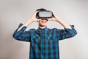 Emotional Funny Man Wearing Virtual Reality Goggles. Stock Photo - Image of concept, gadget: 83299532