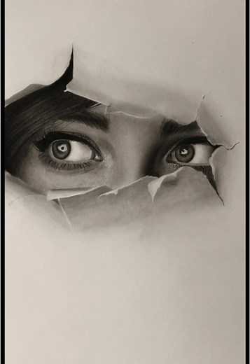 Dessin réaliste : Regard à travers papier déchiré