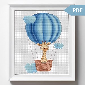 Baby Giraffe Cross Stitch Pattern, Hot Air Balloon Hand Embroidery Pattern, Xstitch PDF, Baby Boy, Baby Shower Gift, Nursery Decor, Blue - Etsy
