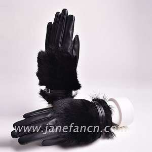 [Hot Item] Wholesale Genuine Leather with Rabbit Fur Sheepskin Outdoor Leather Gloves for Adults