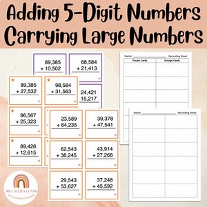 Adding Large Numbers- 5-Digit Addition, Ten- Thousands Place Value Task Cards