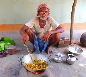 How our grandfather alone cleaning chicken skin properly & cooking skin masala curry | our grandfather cooking alone because of his wife got sick | Indian tribe food