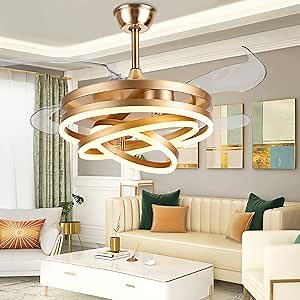 Retractable Ceiling Fan with Lights and Remote Control, 42 Inch Farmhouse Ceiling Fans for Bedroom, Living Room, Study, Patio, (Gold)