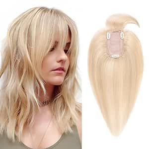 SEGO Real Human Hair Toppers for Women with Thinning Hair - Silk Base, Bangs, 150% Density - 10 Inch #18/613 Ash Blonde Mix Bleach Blonde