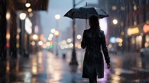 Woman Walks With an Umbrella on Wet City Streets During a Rainy Night