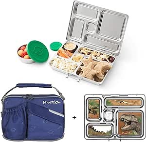 PlanetBox ROVER Eco-Friendly Stainless Steel Bento Lunch Box with 5 Compartments for Adults and Kids - Starry Blue Carry Bag with Dinosaurs Magnets