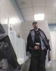 Hairy guy showing off his cock in public restroom