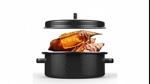 Roasting Pan, Enamel Iron Stainless Steel No Chemical Coating Enamel Non Stick Pan Granite Ware Circulation Heating Black Enamel Speckled Finish Roaster Pot for Baked Sweet Potatoes, Barbecue(26cm)