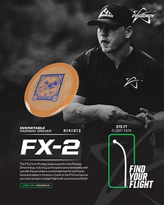 The FX-2 is overstable and has a profile that provides a comfortable feel for both backhand and sidearm throwers. Crank on it as hard as you want and get a fast, straight flight with a controlled hyzer finish. DGPT winner Ezra Robinson chose 400 Color GLOW plastic as his 2024 Signature Series. #ProdigyDisc #FindYourFlight #discgolf | Prodigy Disc